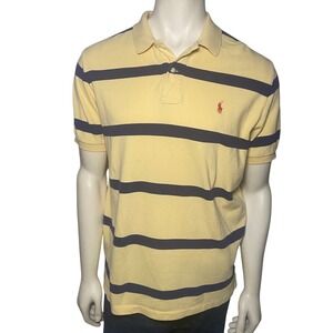Polo Ralph Lauren Mens Large Yellow Navy Blue Striped Short Sleeve Polo Shirt